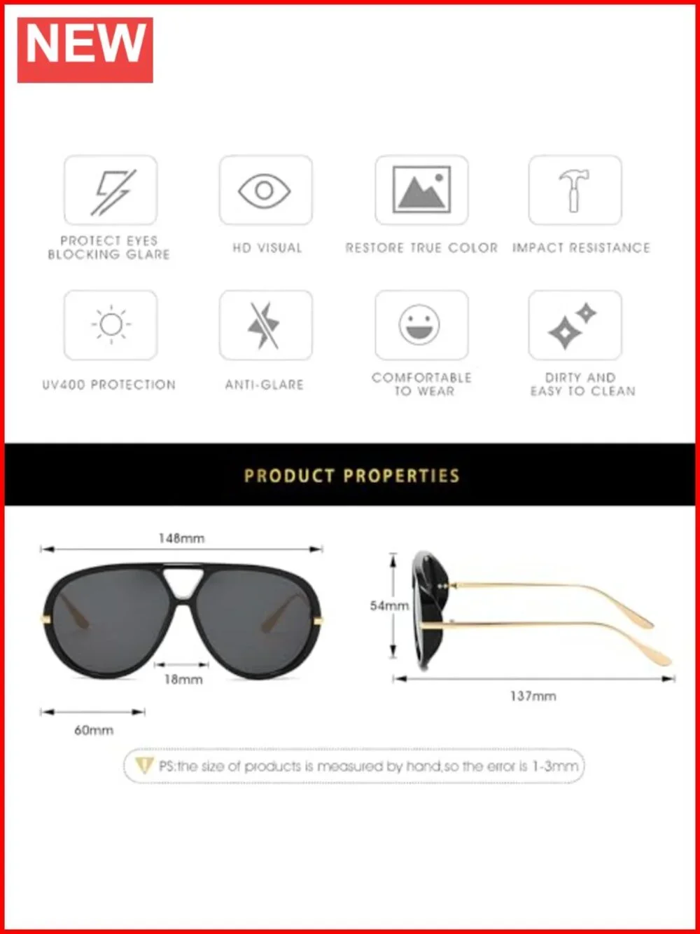 Vintage Oversized Metal Aviator Sunglasses UV400 Protection Retro Style